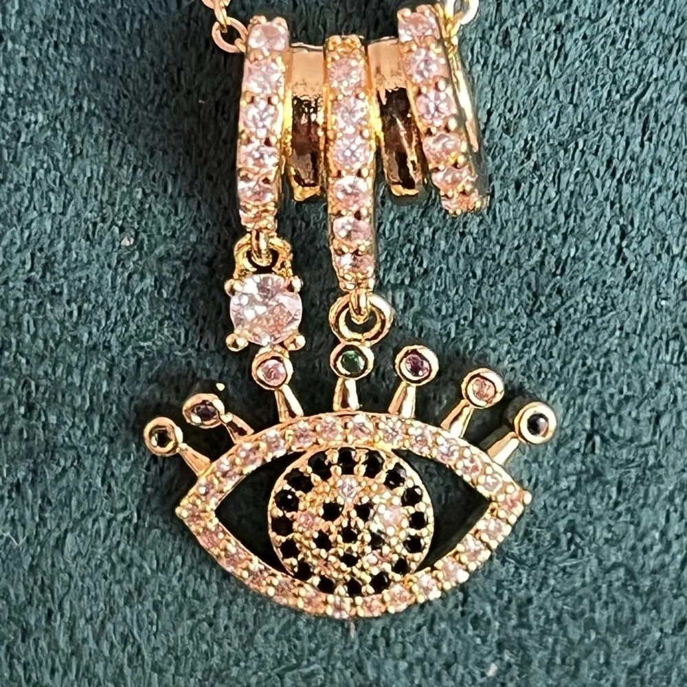 Gold 3 Necklaces; Evil Eye Pendant; Paperclip; Twisted Rope Beaded; Earrings! - Picture 4 of 5